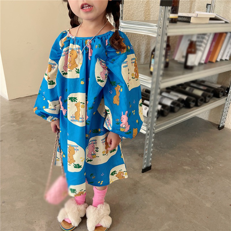 Đầm Công Chúa Tay Phồng Dài Cổ Tròn In Hoạt Hình Gấu Kiểu Hàn Quốc Xinh Xắn Cho Bé Gái