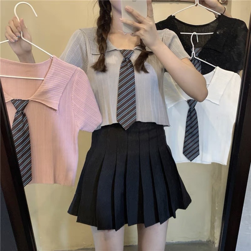 Áo croptop len caravat học sinh Ulzzang style Hàng Quảng Châu