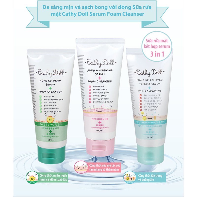 Sữa Rửa Mặt Ngừa Mụn, Sáng Da Acne Solution/ Aura Whitening Serum Foam Cleanser Cathy Doll 100ml hàng nội địa thái 100%