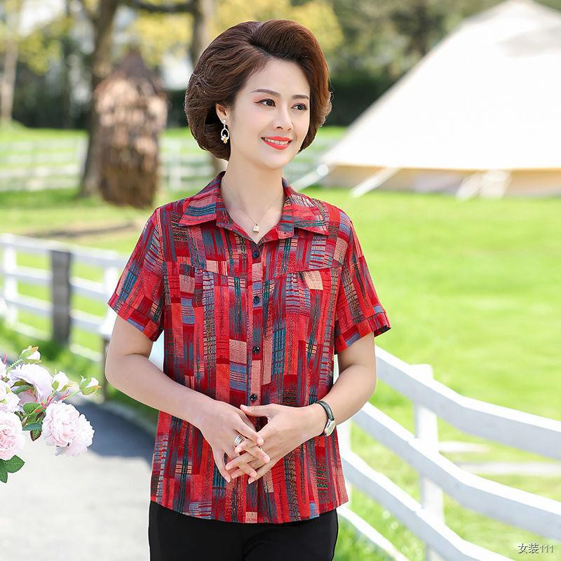 trung niên và Người lớn tuổi size Phụ nữ mùa hè mặc áo sơ mi ngắn tay in bà ngoại 60 cardigan