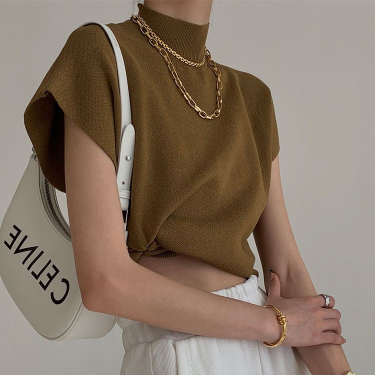 [MURIOKI] Áo Thun Dệt Kim Sát Nách Cổ Cao Kiểu Pháp Xinh Xắn Cho Nữ