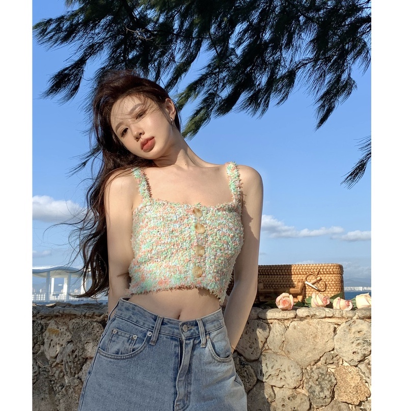 QADCOL  Áo Hai Dây Dệt Màu Sắc Đơn Giản Quyến Rũ Cho Nữ