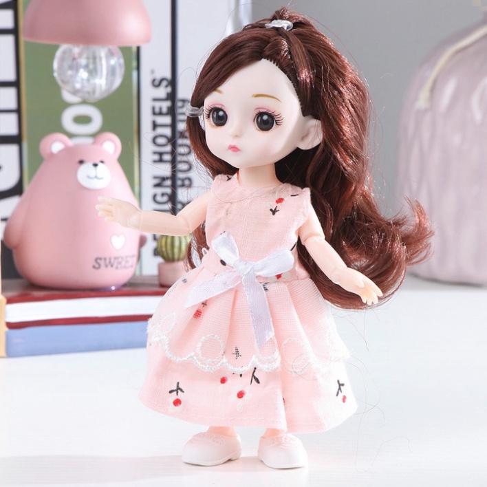 Búp bê công chúa 3D chibi đồ chơi bé gái cỡ 16cm kèm phụ kiện thú cưng, đồ bác sĩ, xe đẩy siêu thị, xe đạp