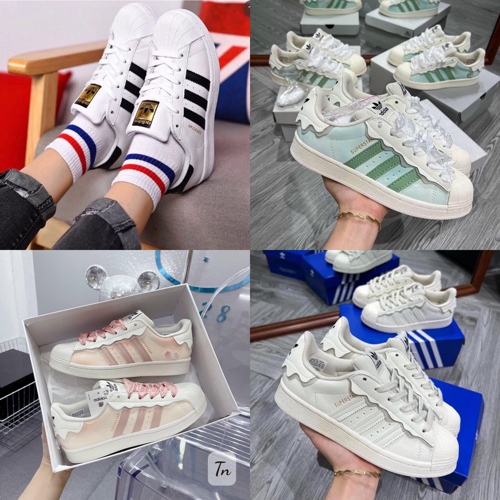 Giày thể thao adidas superstar hồng + xanh kem trắng, giầy das sò 3 sọc hồng, xanh nữ cực chất hot trend 2022