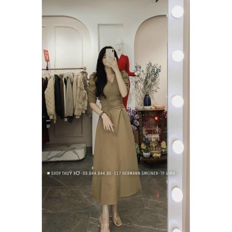 [ẢNH THẬT + VIDEO] Đầm nữ dáng dài tay phồng cổ chữ V nhún eo | BigBuy360 - bigbuy360.vn