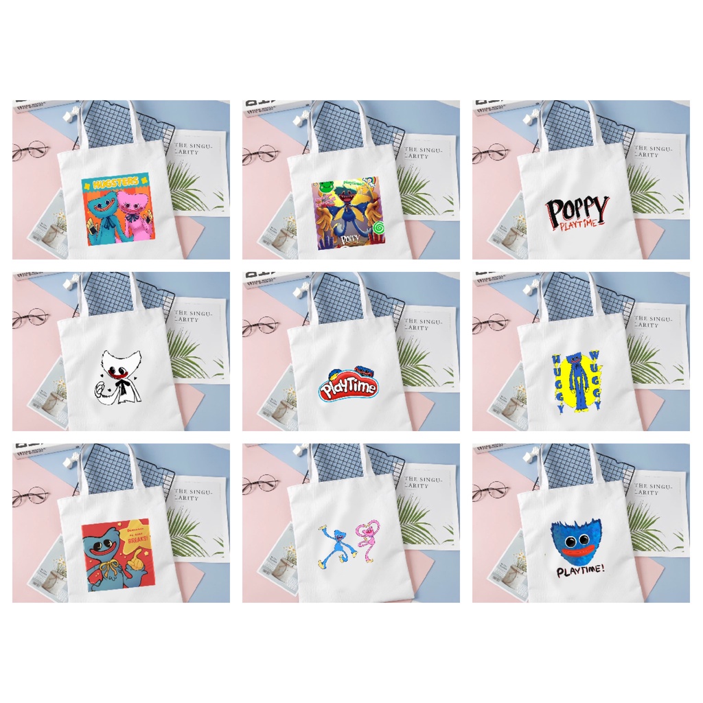 Túi tote vải trắng đeo vai in hình game POPPY PLAYTIME phong cách anime chibi tiện lợi thời trang