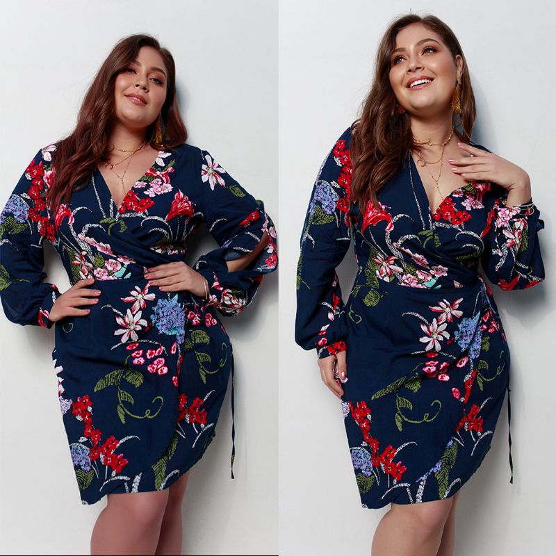 Đầm Dự Tiệc Tay Dài Cổ Chữ V Plus Size Thời Trang 2019 Cho Nữ