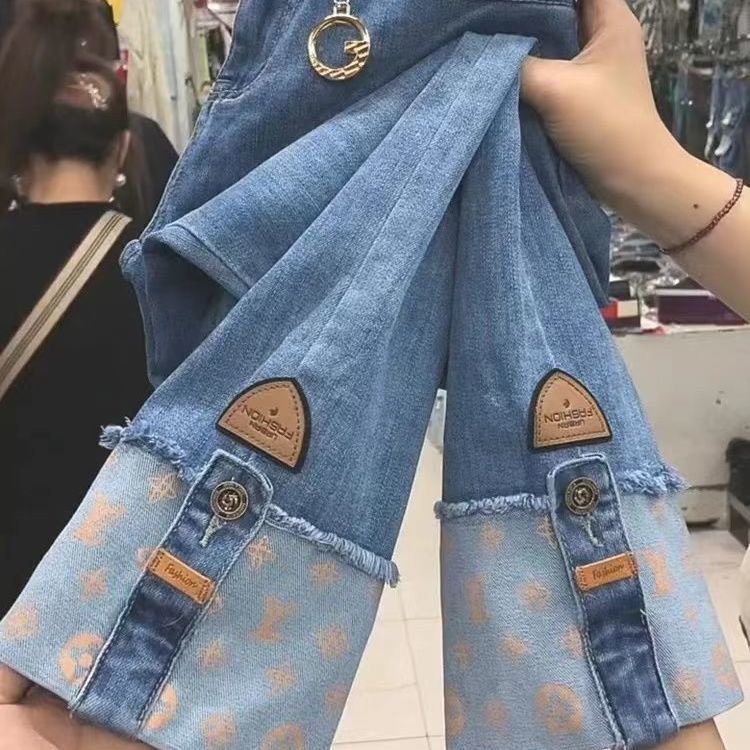 Quần jean ống rộng co giãn lưng cao thêu chân cho phụ nữ vào mùa xuân 2022