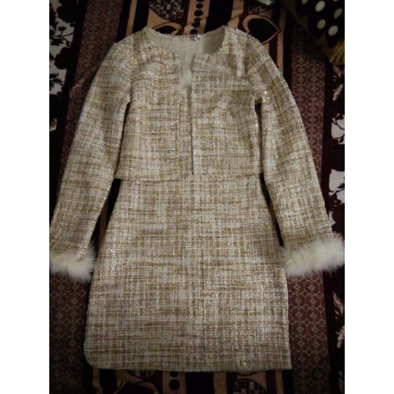 Sét dạ Tweed áo khoác tay dài kèm đầm 2 dây phối lông nữ tính- FREESHIP