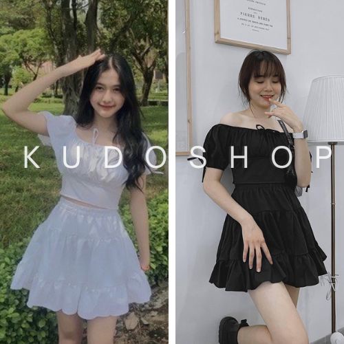 Set áo trễ vai nữ phối chân váy tầng dáng ngắn ulzzang/ Set áo crt mặc 2 kiểu kèm chân váy xòe sang chảnh - kudoshop