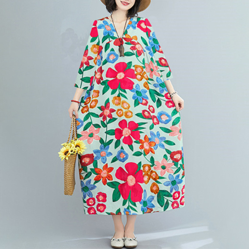 Đầm Maxi ZANZEA Tay Áo 3/4 Cổ Chữ V In Hoa Thời Trang Cho Nữ | BigBuy360 - bigbuy360.vn