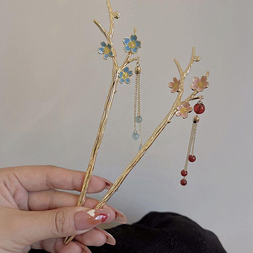 Trâm Cài Tóc 15H Bằng Kim Loại Hình Hoa Mận Phối Tua Rua Phong Cách Trung Hoa Cổ Điển Cho Nữ