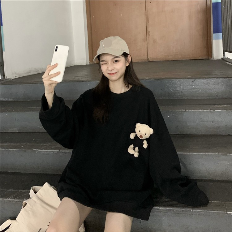 Áo thun nam nữ kèm Gấu Bông unisex dài tay cổ tròn cotton trắng đen basic phom rộng oversize local brand Cheapy