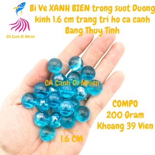 Viên bi ve XANH BIỂN TRONG SUỐT 200 gram (39 viên) size 1.6 cm trang trí hồ cá