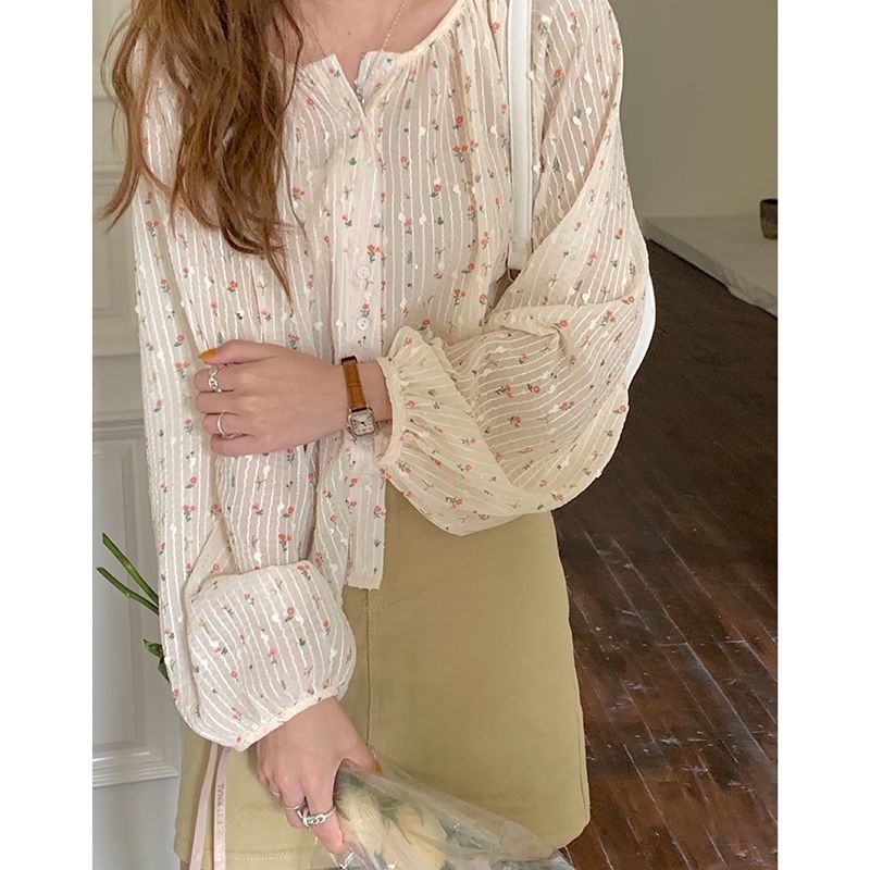 Áo Sơ Mi Chiffon Tay Dài Dáng Rộng Họa Tiết Hoa Phong Cách Hàn Quốc