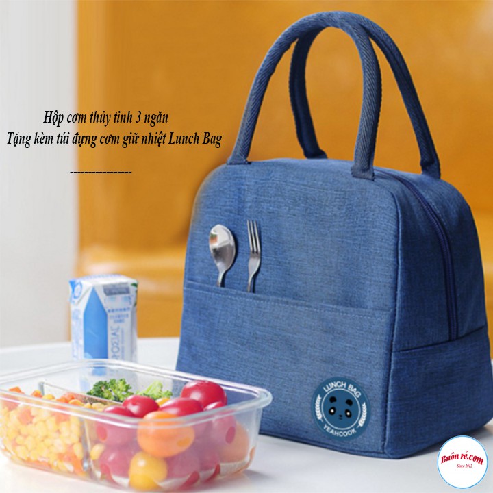 Túi đựng cơm Lunch Bag kèm hộp thủy tinh 3 ngăn dày dặn, siêu chịu nhiệt 00995 | BigBuy360 - bigbuy360.vn