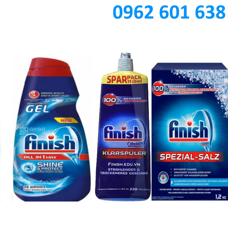 Combo Nước rửa bát Finish 650ml + Muối rửa bát Finish 1.2kg + Nước làm bóng finish 1150ml