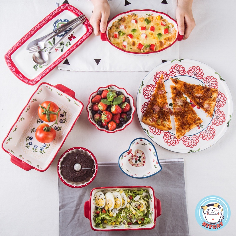 Thố sứ Cherry oval, khay nướng, khay đựng salad sứ tay cầm dùng đc lò nướng decor vẽ tay thủ công cao cấp KITCAT STORE