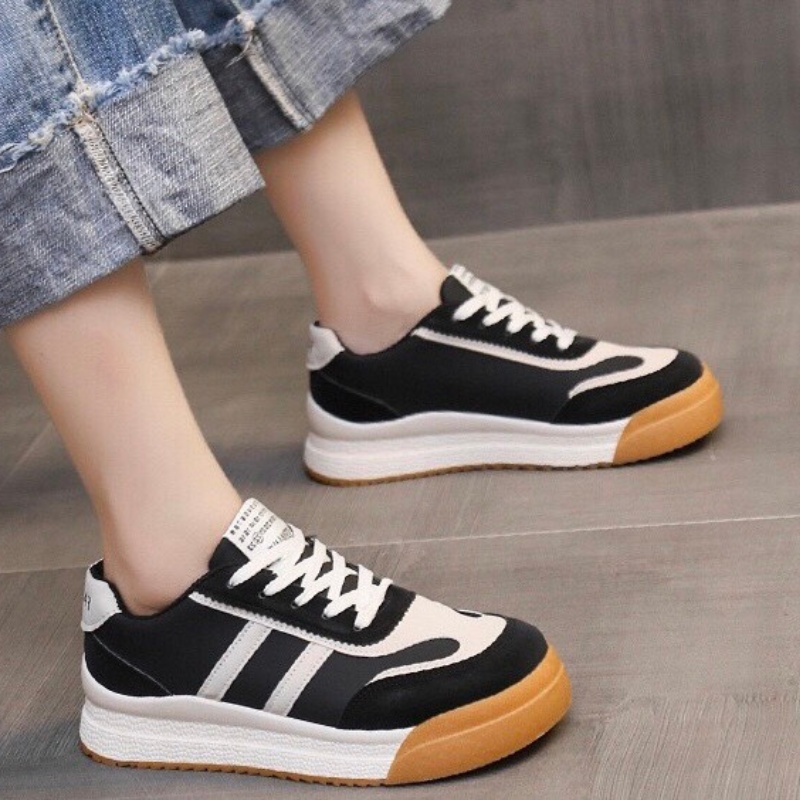 Giày MWC 0694 - Giày Thể Thao Nữ Đế Bánh Mì, Giày Sneaker Da Hai Sọc Cá Tính Năng Động