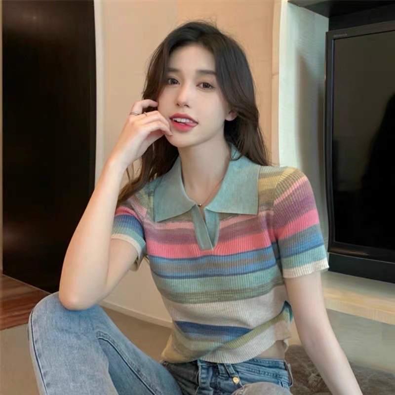 Áo len polo kẻ ngang, cộc tay cầu vồng - SCXA101