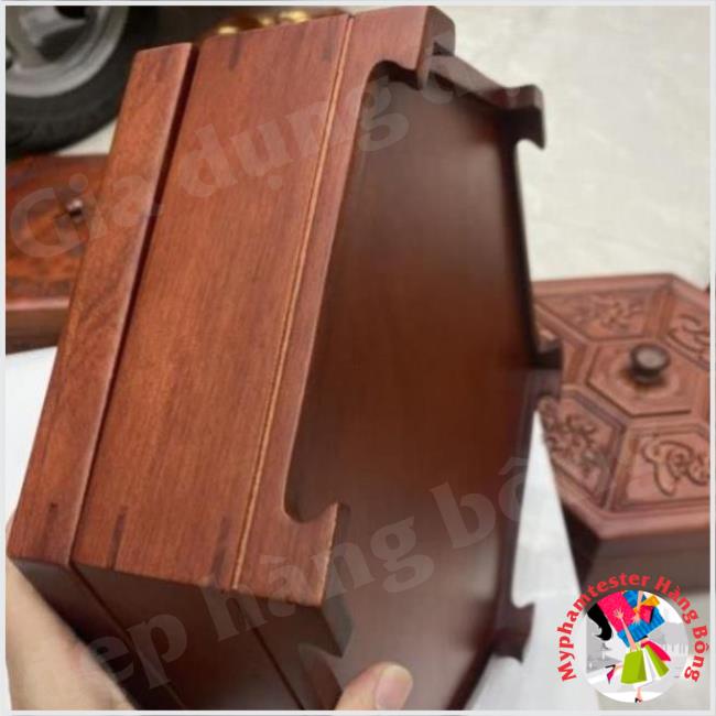 Khay gỗ đựng mứt Lục Giác ♥ FREE SHIP ♥ khay mứt 7 ngăn đựng bánh kẹo có chân hoa văn chạm khắc quanh nắp [ RẺ VÔ ĐỊCH ]