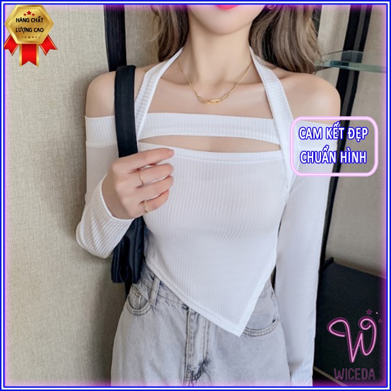 Áo croptop dài tay trễ vai gấu lệch xinh , ao thun nữ kiêu đẹp chất len tăm 100% cotton 2 màu đen trắng Wiceda 451