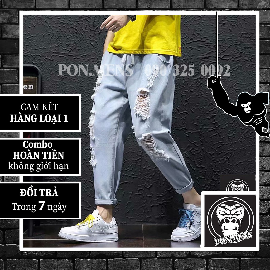 Quần jean baggy rách gối lưng chun tả tơi trông bụi unisex nam nữ 2021 Pon.mens | BigBuy360 - bigbuy360.vn