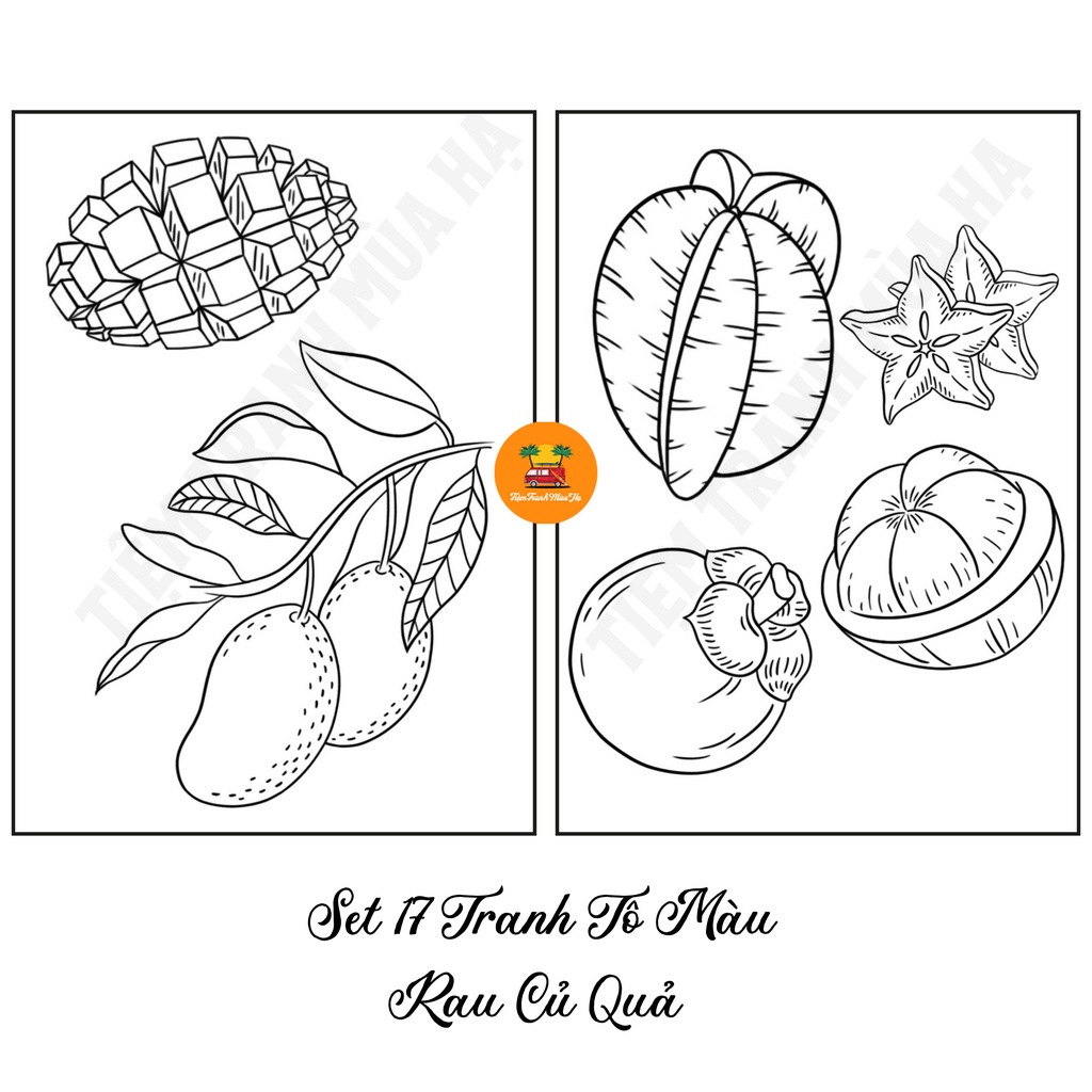 Set 17 Tờ Tranh Tô Màu Rau Củ Quả Kích Thước A5 Dành Cho Màu Sáp, Màu Chì - Tiệm Tranh Mùa Hạ
