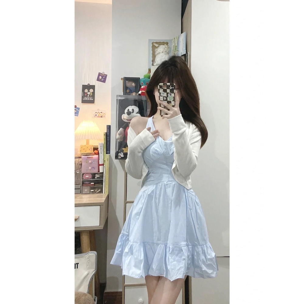 Bộ Áo Khoác Cardigan Chống Nắng + Đầm Hai Dây Cổ Chữ V Thiết Kế Mới Thời Trang Mùa Hè Dành Cho