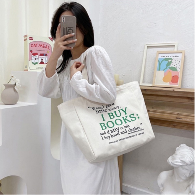 Túi tote vải canvas đeo vai Túi xách cao cấp đeo vai khổ vuông có khóa kéo và túi phụ đi học đi chơi