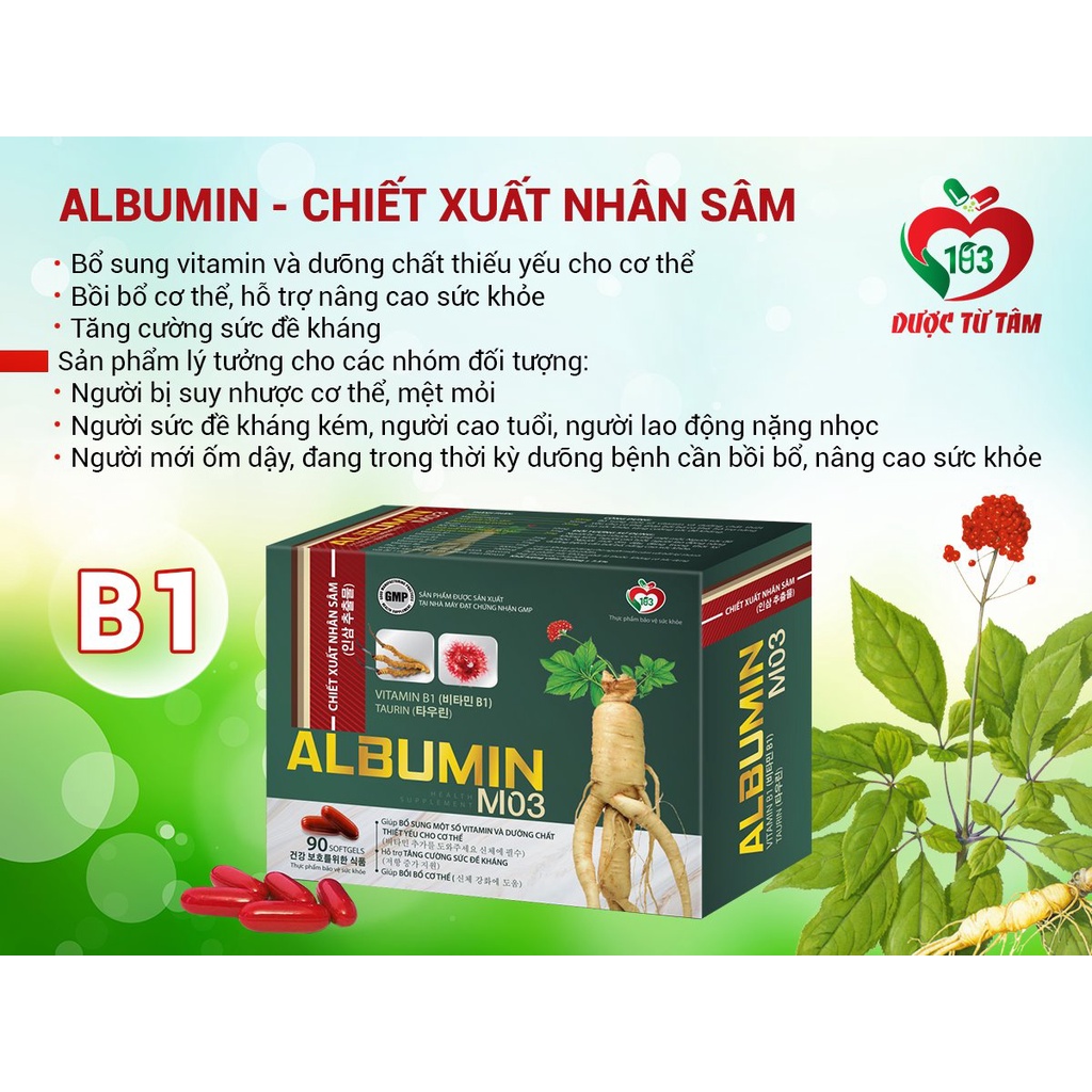 Albumin M03 New Bổ sung albumin và một số vitamin thiết yếu giúp bồi bổ cơ thể Giúp tăng cường sức đề kháng Hộp 60 Viên