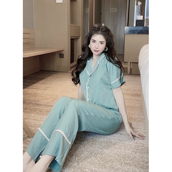 Bộ đồ ngủ pijama tay ngắn quần dài quần đùi chất vải đũi phối ren xốp siêu mịn mát kiểu dáng dễ thương trơn
