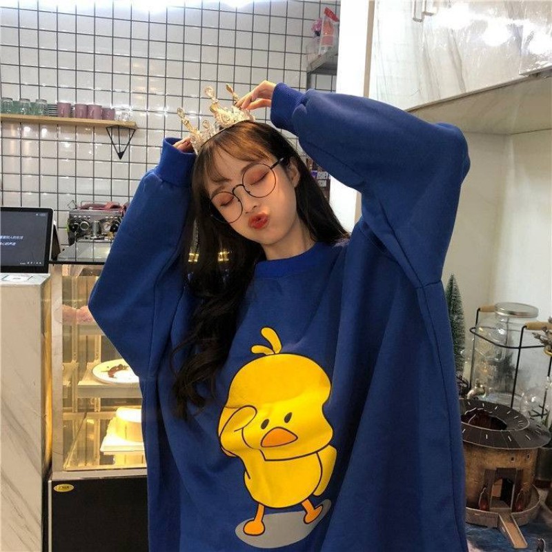 Women Long Sleeve Cartoon Print Loose Round Collar Sweater