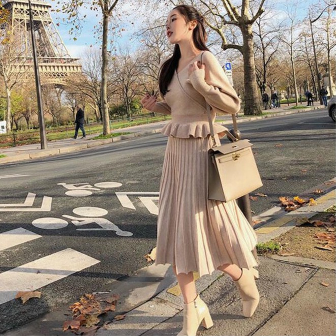 ❤Lin Shanshan Áo Dệt Kim Cánh Dơi Cổ Chữ v Dáng Ôm + Chân Váy Xếp Ly Nhẹ Nhàng Thời Trang Thu Đông Dành Cho Bạn Nữ