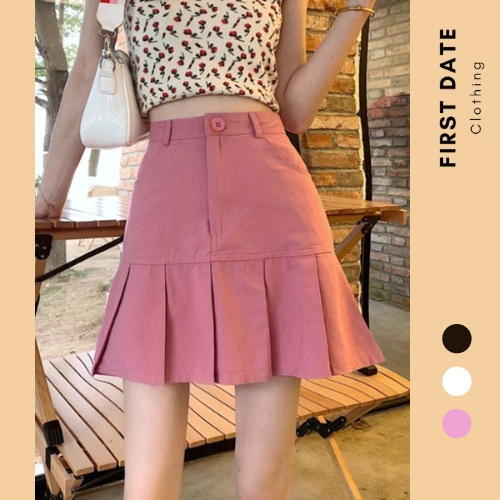 Chân váy xếp li Chân váy chữ A FIRST DATE đuôi cá nữ Hàn Quốc retro cạp cao kaki