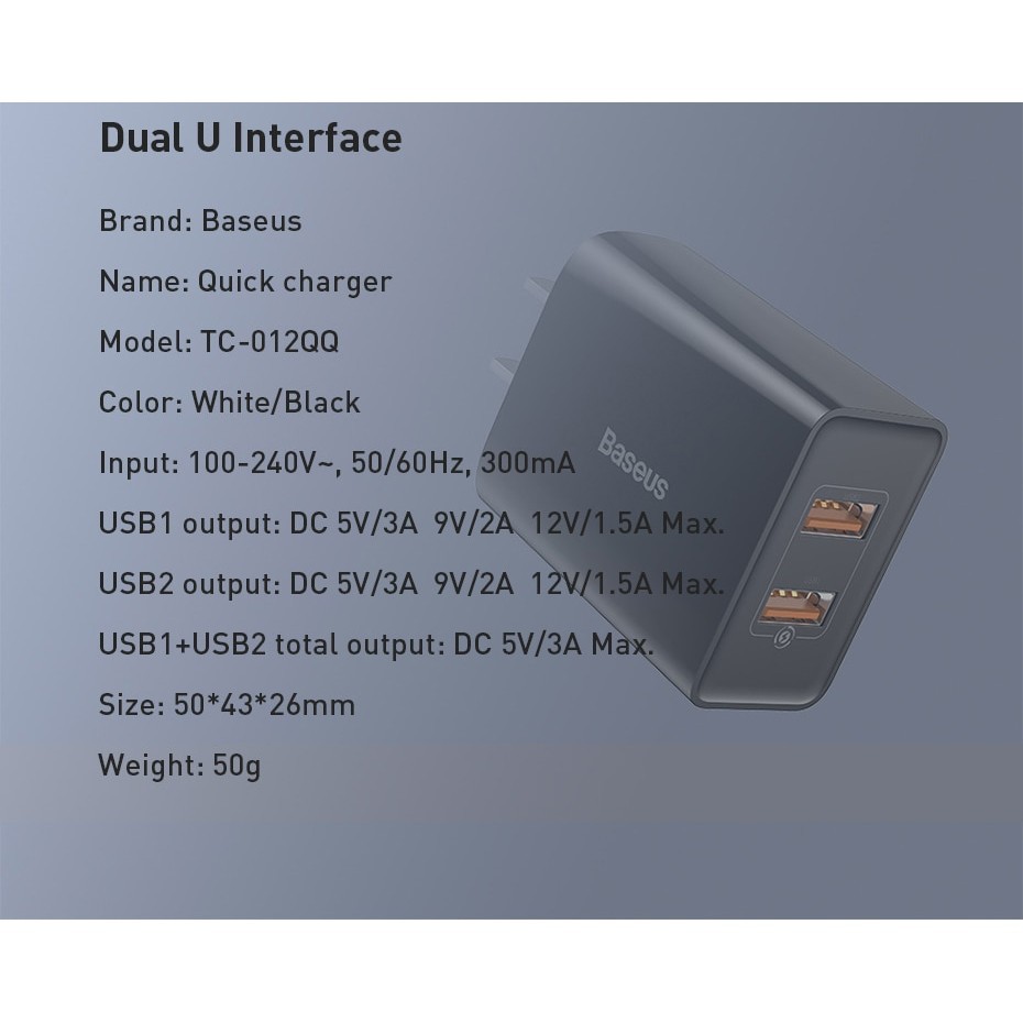 Sạc nhanh Baseus Speed Mini sạc nhanh QC 3.0 18W 2 cổng USB A cho điện thoại và máy tính bảng