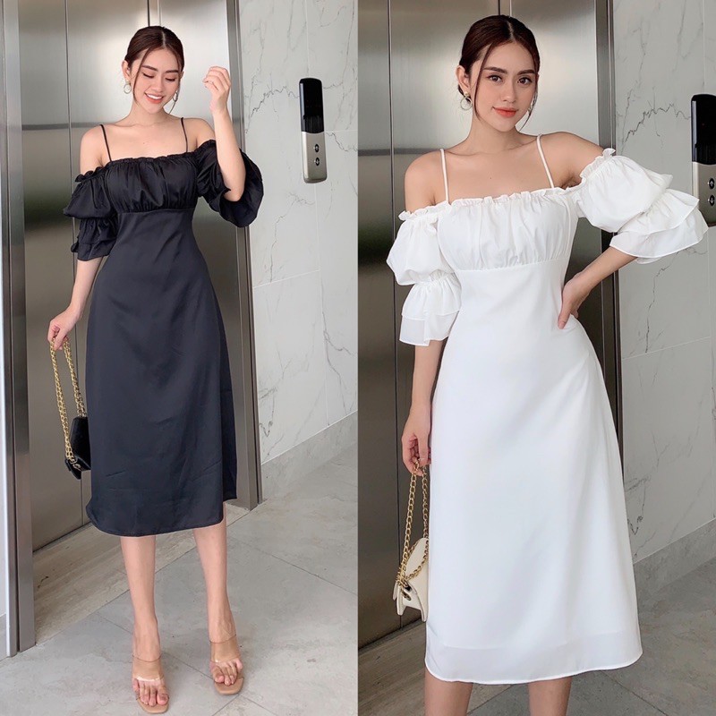 Đầm trễ vai phồng nhún thun