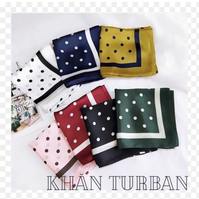 Khăn turban lụa vuông choàng cổ size 70x70cm thanh lịch phong cách nữ tính đa năng dùng làm áo yếm in chấm bi