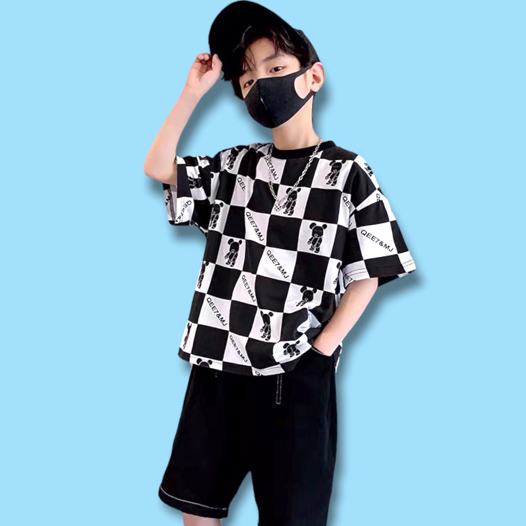 Đồ bộ bé trai Con Xinh cotton hình in Gấu ô vuông, quần áo dành cho trẻ em từ 14 đến 50kg