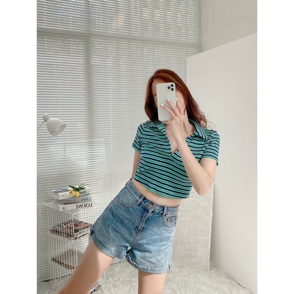 Croptop nữ thiết kế polo cổ V chất thun gân MIEU - JJN14