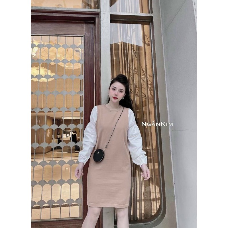 Váy suông nữ phối tay trơn vai bồng chất đẹp | BigBuy360 - bigbuy360.vn