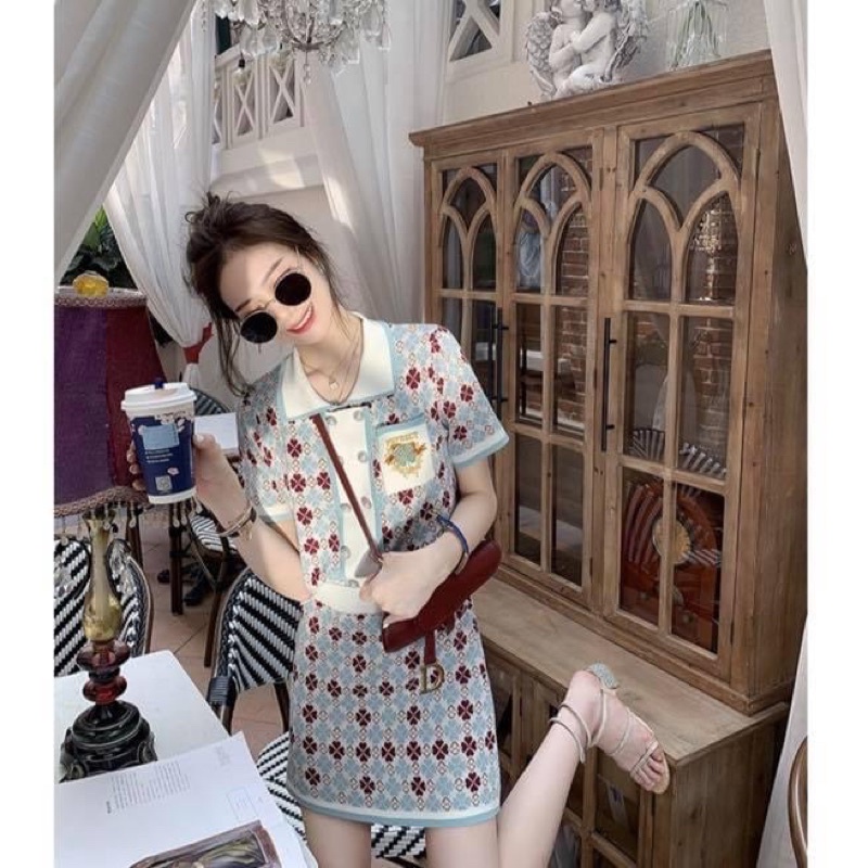 Set bộ rời áo len dạ tay ngắn kiểu polo nữ sọc retro kèm chân váy ngắn chữ a - Order taobao quảng châu