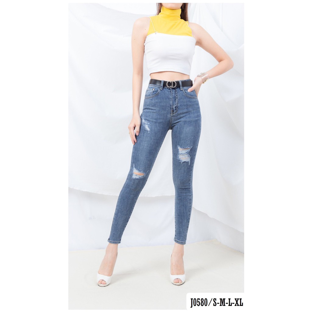 Quần Jean Nữ Ôm Lưng Cao Rách Nhẹ Kèm Thắt Lưng J0580- Jeany