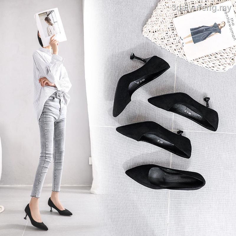 □Giày cao gót mũi nhọn gót thấp 3cm 5cm màu đen thời trang mùa thu cho nữ 2021