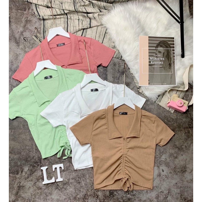 Áo thun Croptop cổ sơ mi dây rút