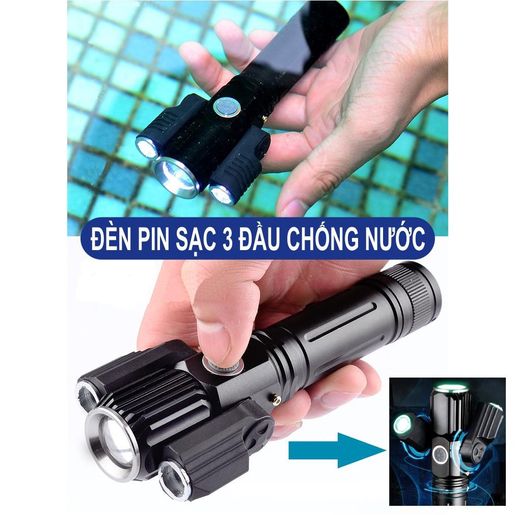 [Hàng Nhập Khẩu] Đèn pin siêu sáng 3 bóng xoay 360 độ, 4 chế độ hàng cao cấp