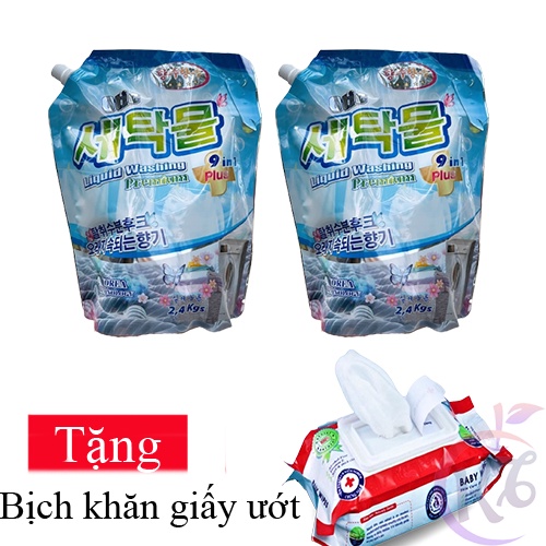 Combo 2 bịch Nước giặt xả Otic Hàn Quốc túi 2.4kg cao cấp 9 in 1 giặt sạch thơm lâu bền vải Tặng bịch khăn giấy ướt