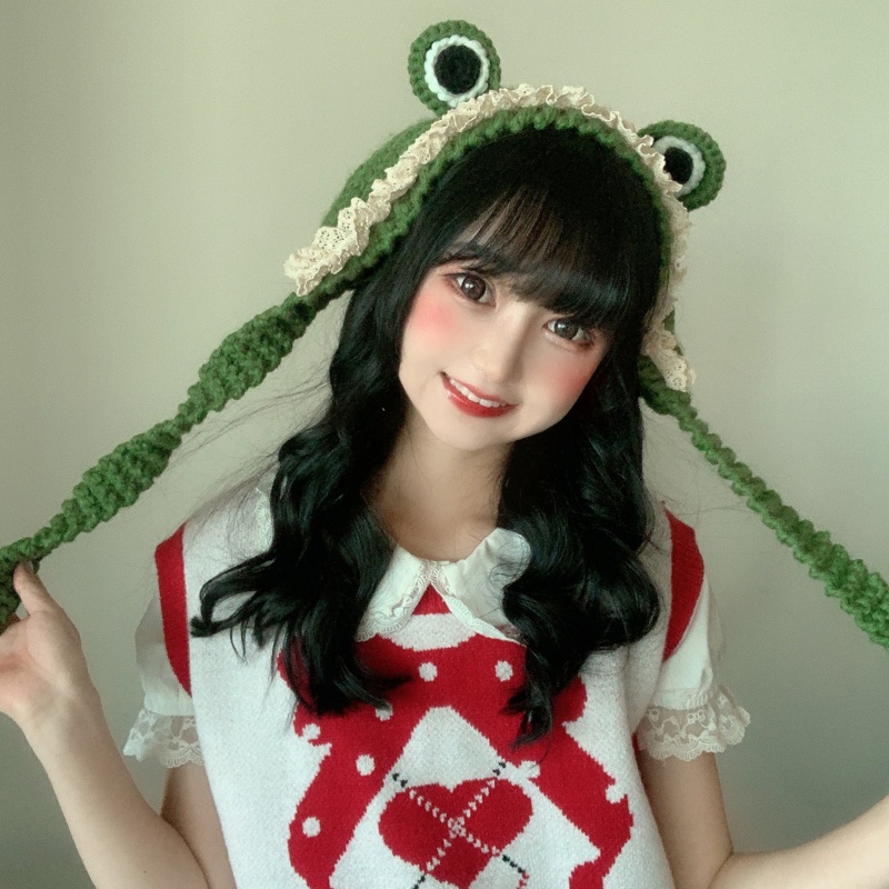 Mũ beanie Trùm Đầu Đính Chú Ếch Dễ Thương Phong Cách Hip Hop