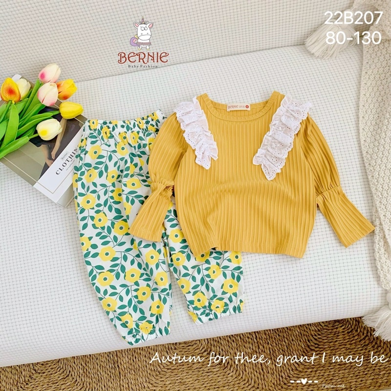 Bộ bé gái Bernie tay bồng phối ren chất cotton cho bé từ 9-22kg-22B207