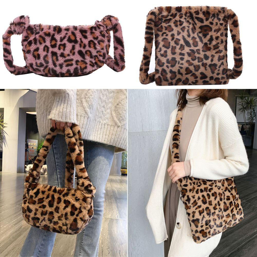 MIHAN1 Túi Đeo Chéo Phủ Lông Họa Tiết Da Báo Phong Cách Vintage Thời Trang